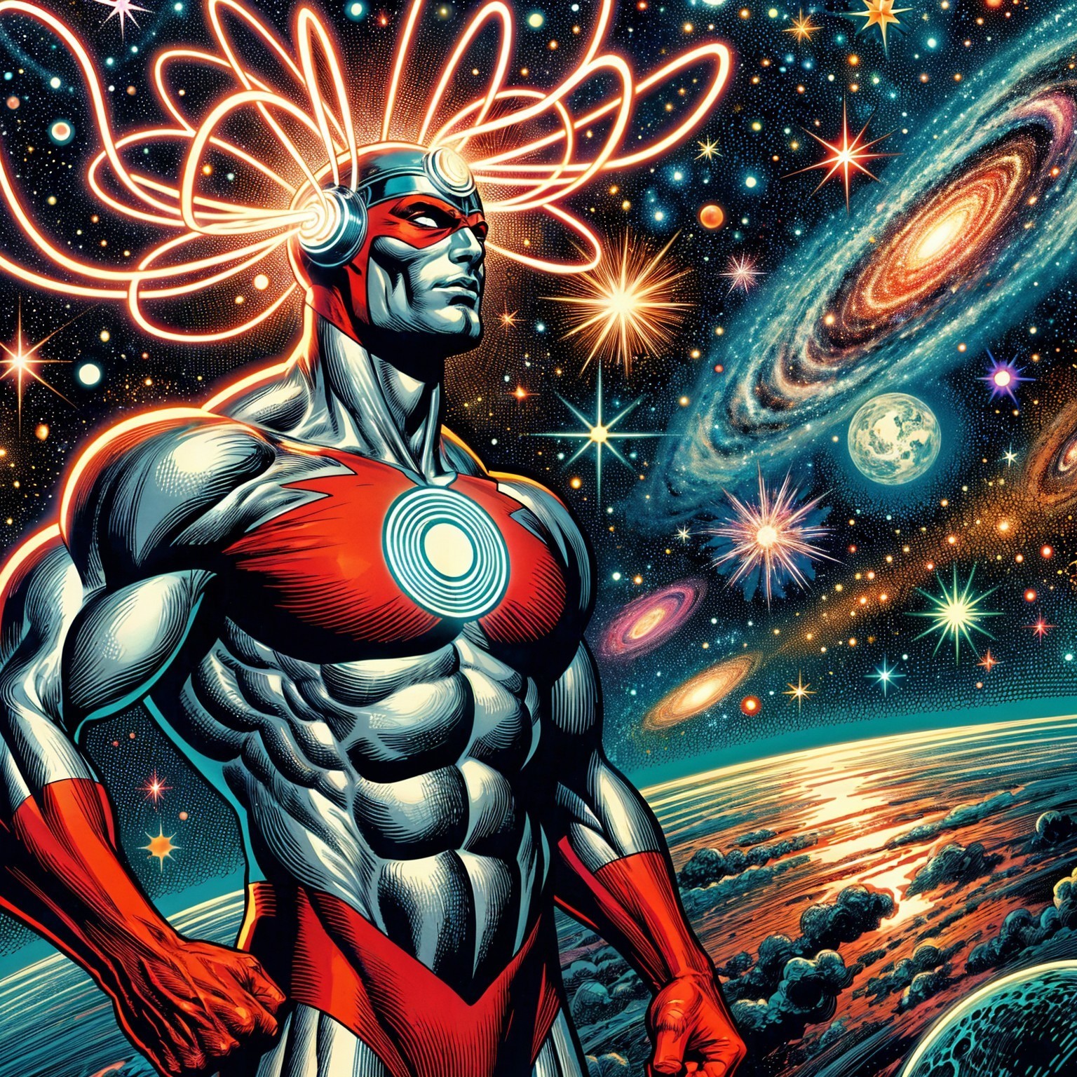 Superhero Against Cosmic Backdrop with Vibrant Colors