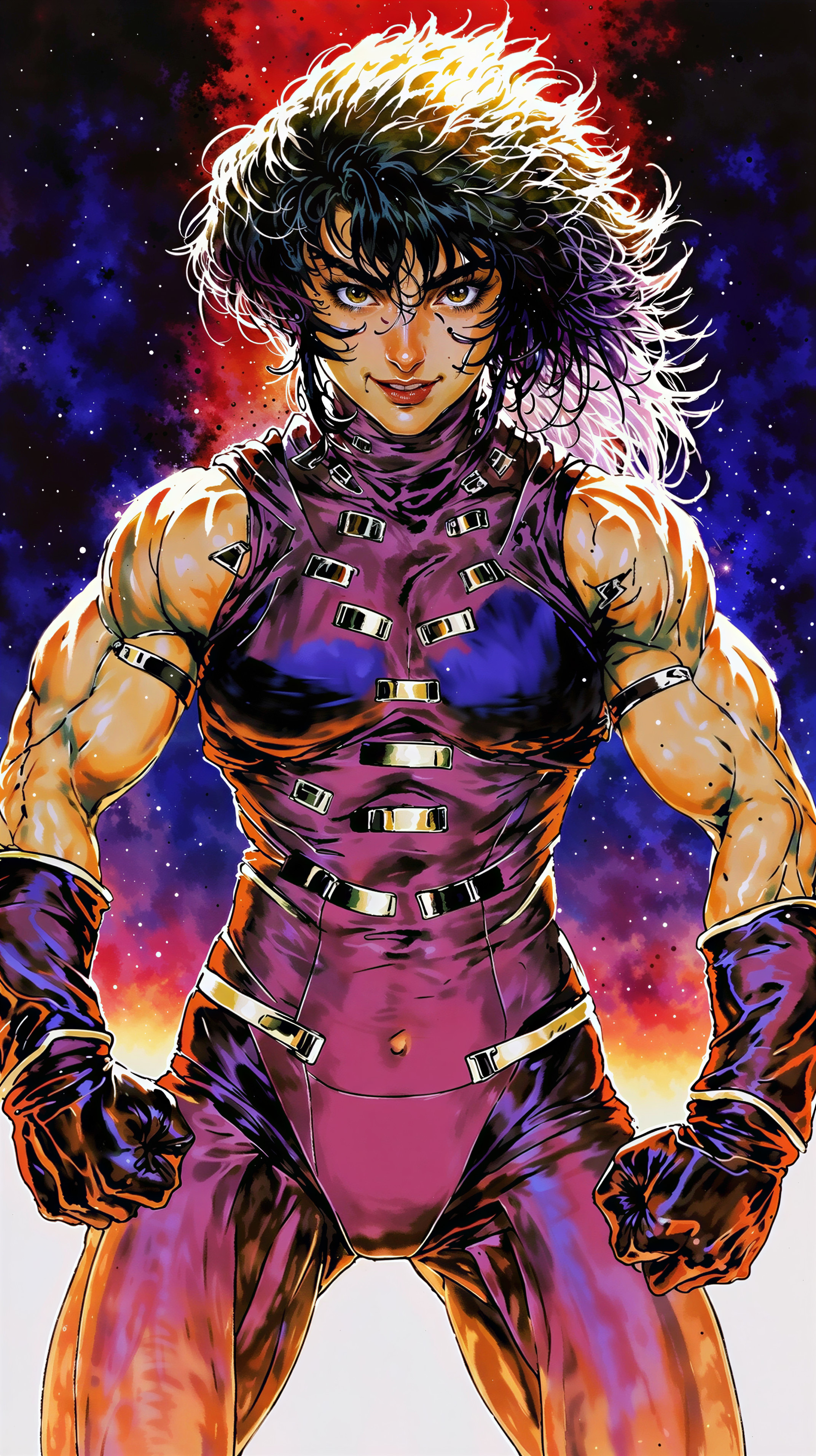Muscular Female Character in Purple Bodysuit Against Cosmos