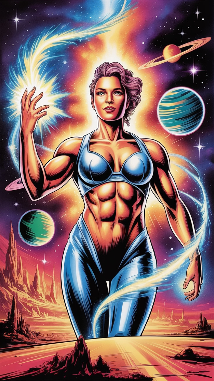 Muscular Woman in Cosmic Landscape with Vibrant Planets