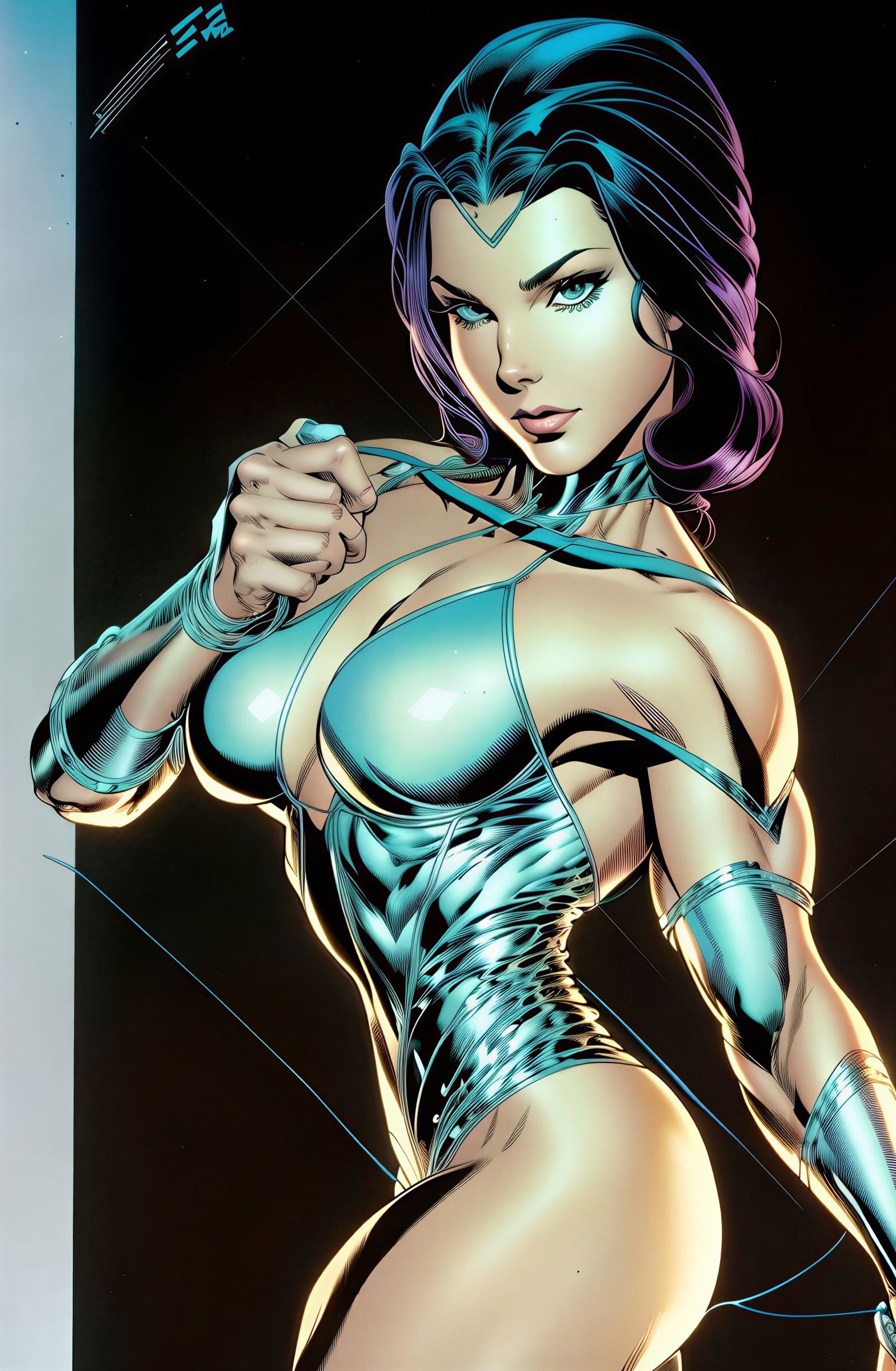 Confident Female Superhero in Metallic Bodysuit