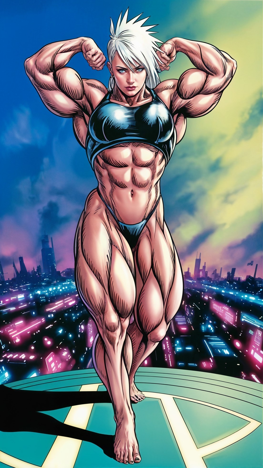 Muscular Female Character Overlooking City Skyline