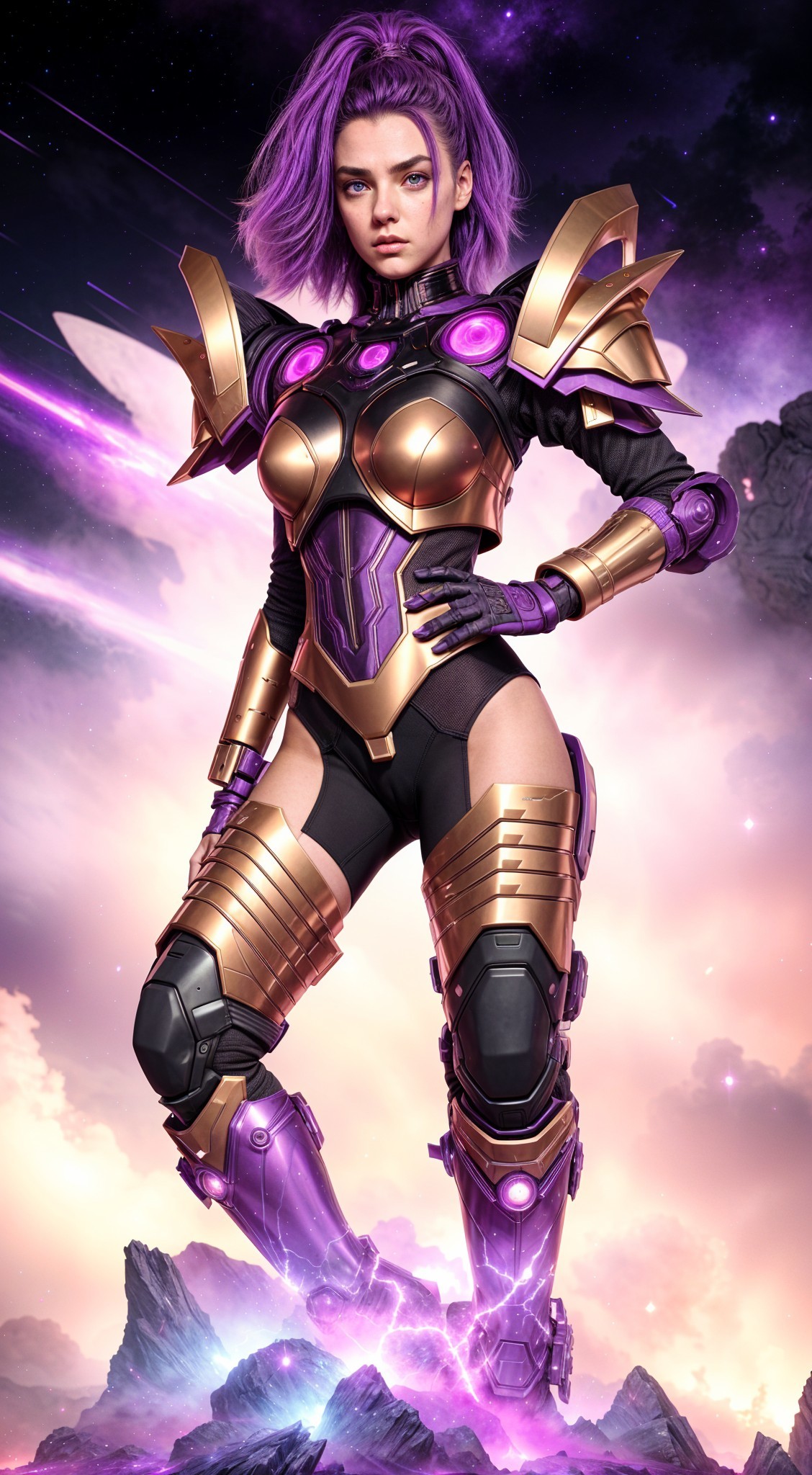Fierce Female Warrior in Futuristic Armor with Cosmic Background