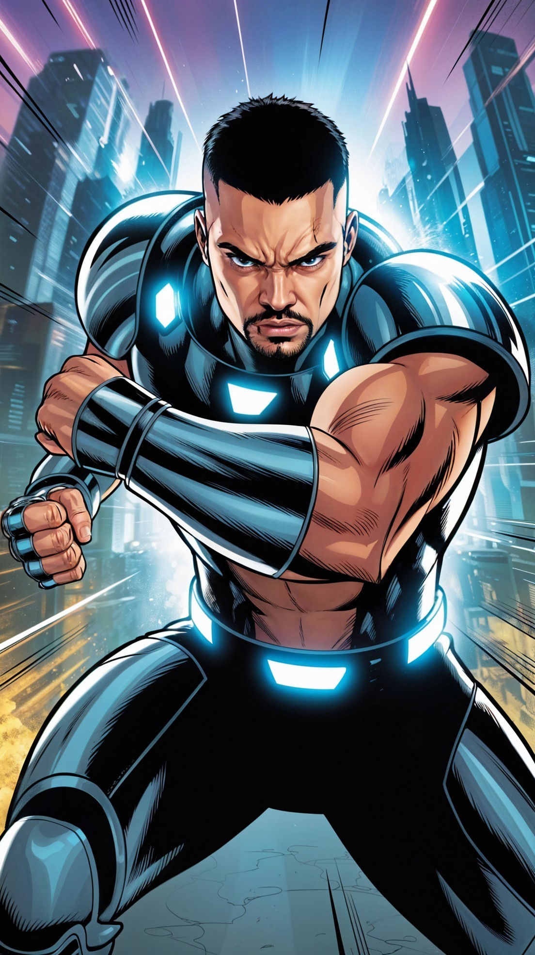 Fierce superhero in black suit with blue accents