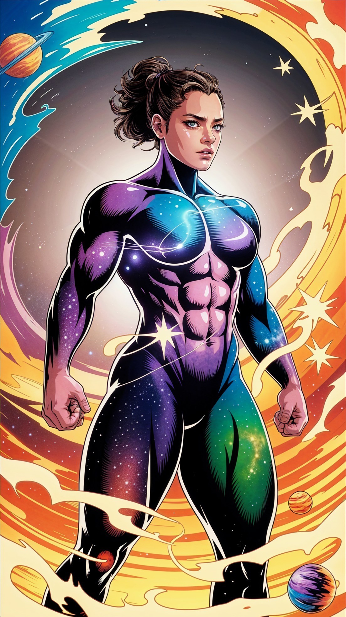 Powerful Female Superhero in Galaxy-Themed Suit