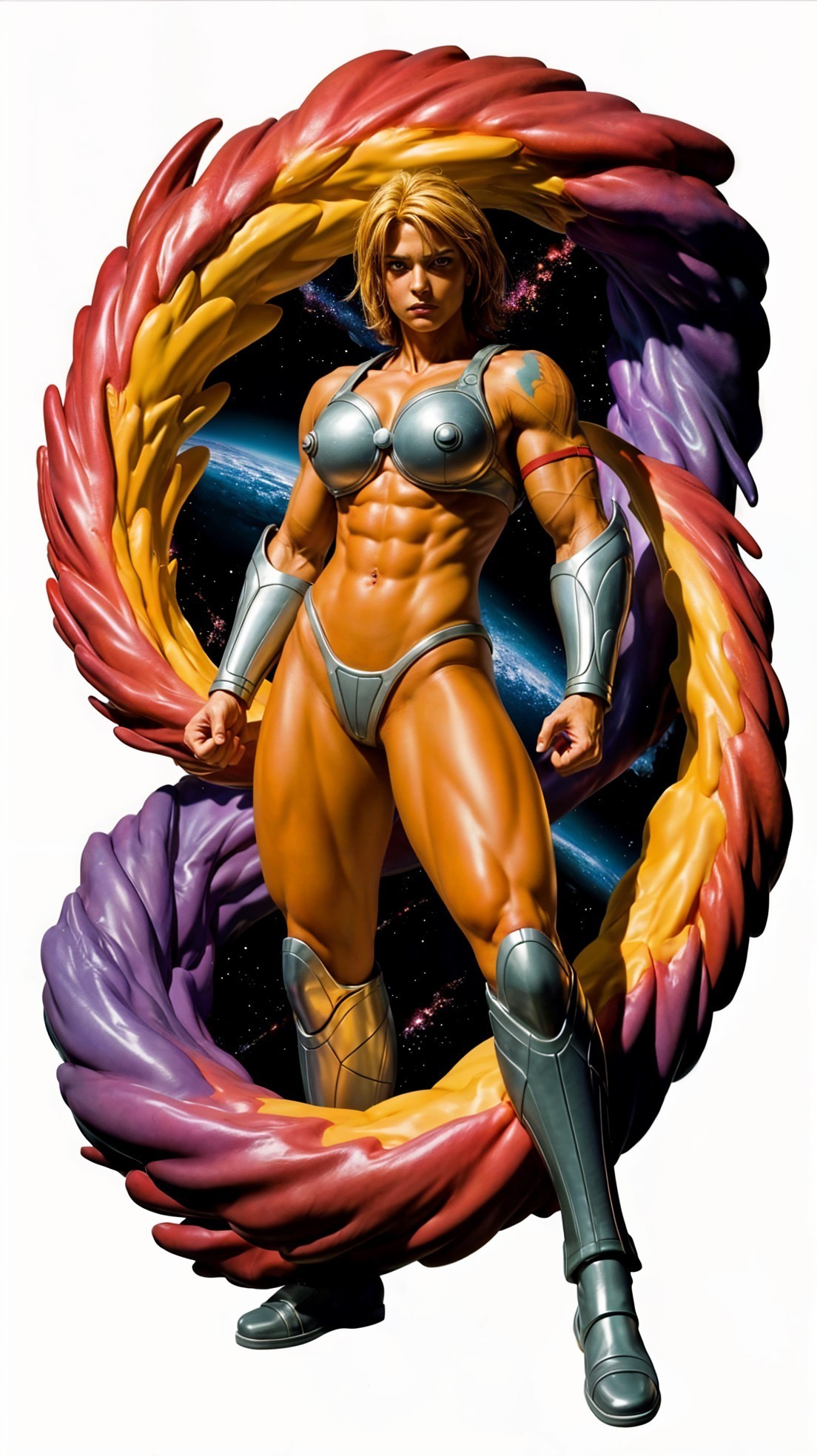 Muscular Female Character in Metallic Armor with Cosmic Background