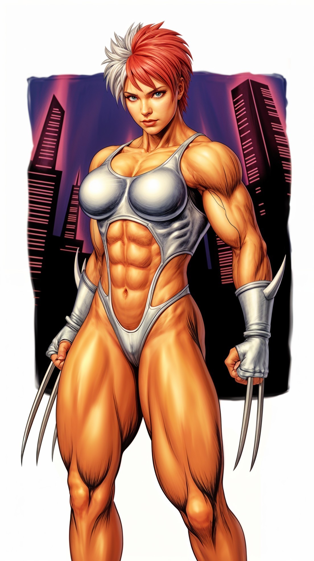 Muscular Female Superhero in Sleek Outfit at Dusk