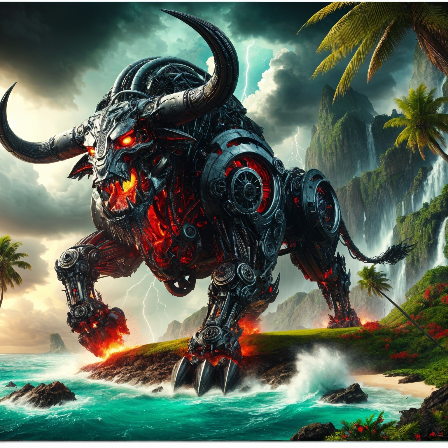 Robotic Bull on Tropical Island with Dramatic Landscape