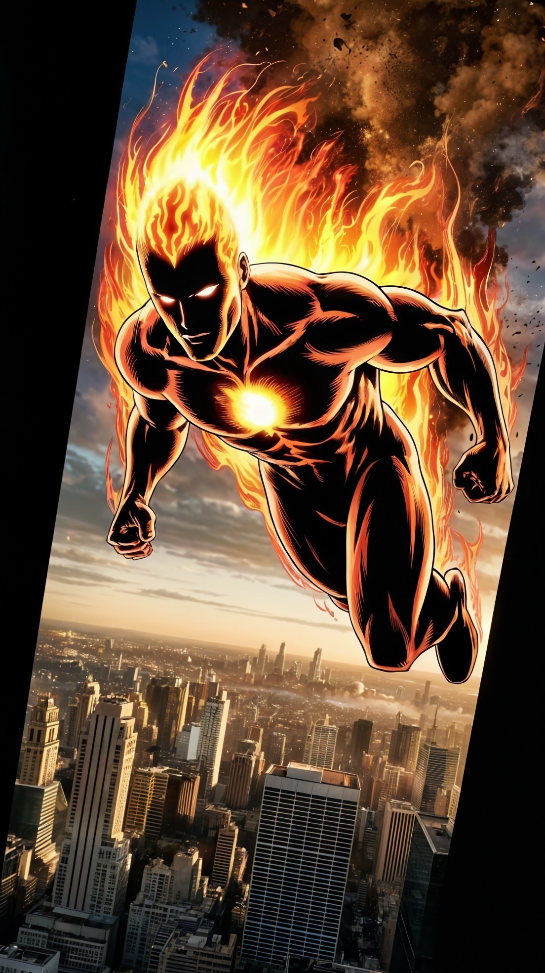 Superhero with Fiery Head Soaring Above Cityscape