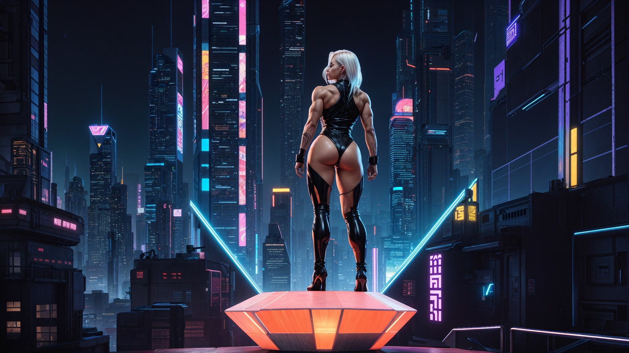 Futuristic Cyberpunk Cityscape with Muscular Figure
