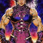 Muscular Female Character in Purple Bodysuit Against Cosmos
