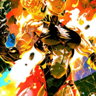 Muscular Female Superhero in Dynamic Pose with Explosions