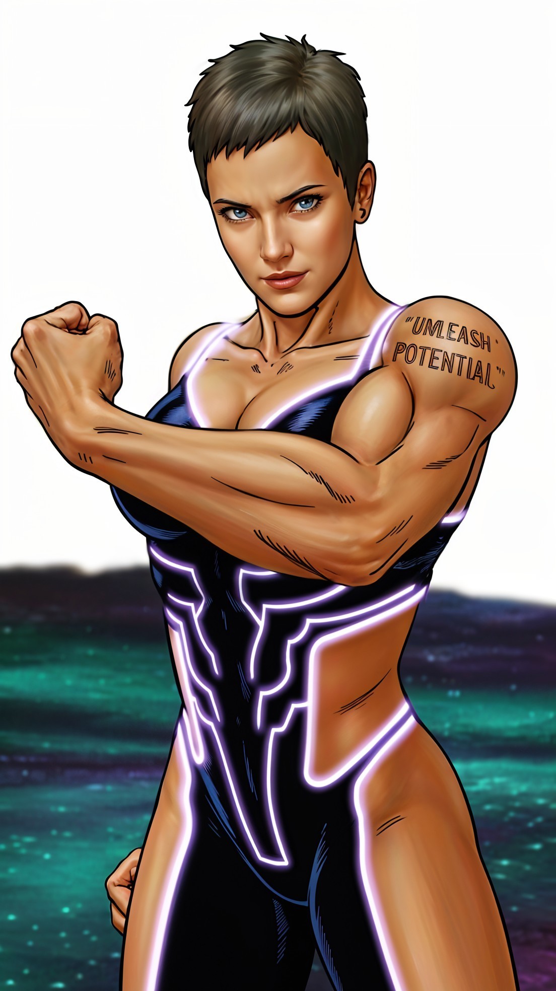 Female superhero in futuristic suit with muscular physique