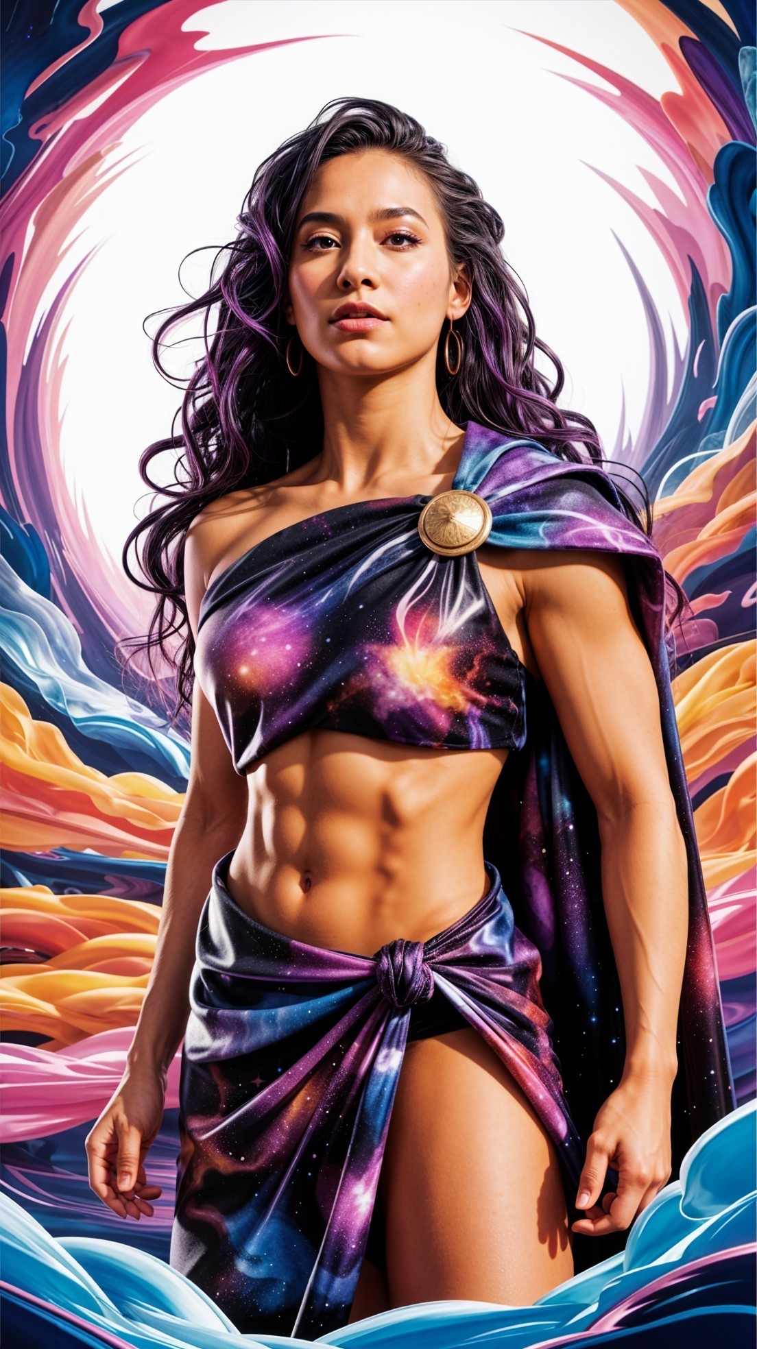Cosmic-Themed Figure with Vibrant Galactic Backdrop