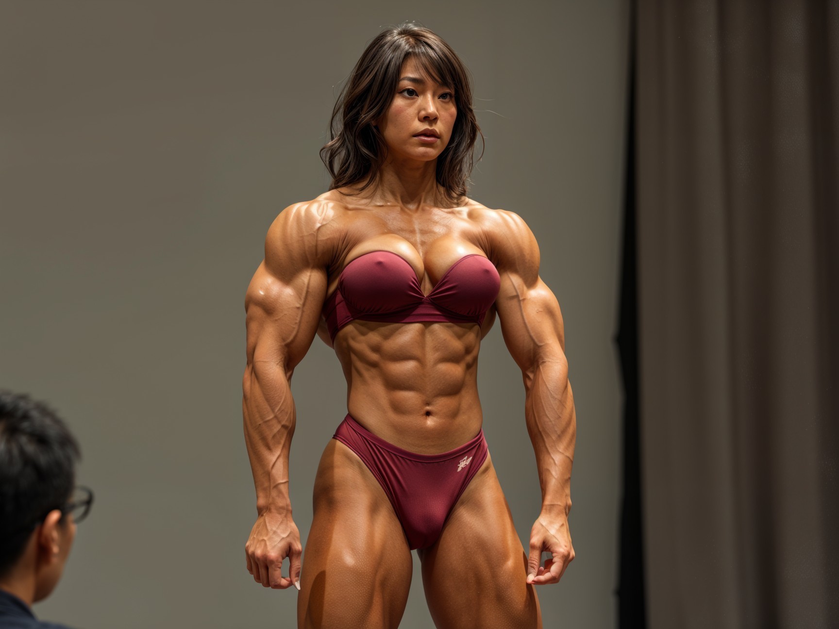Muscular Athlete Posing in Burgundy Bikini Displaying Strength