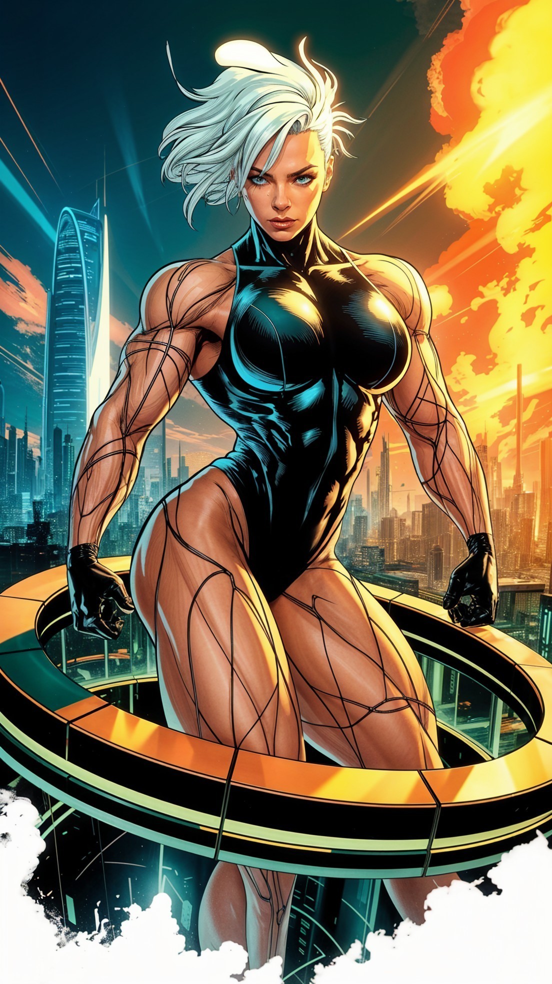 Female superhero in black bodysuit against city skyline