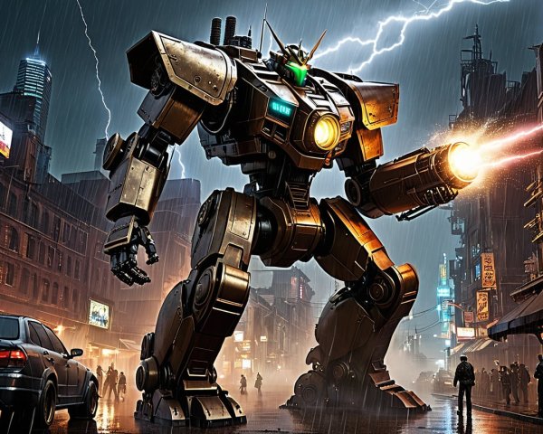 Colossal mech in rain-soaked urban street scene