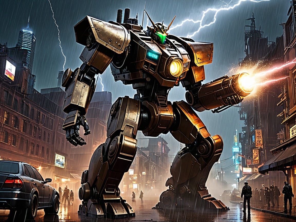 Colossal mech in rain-soaked urban street scene