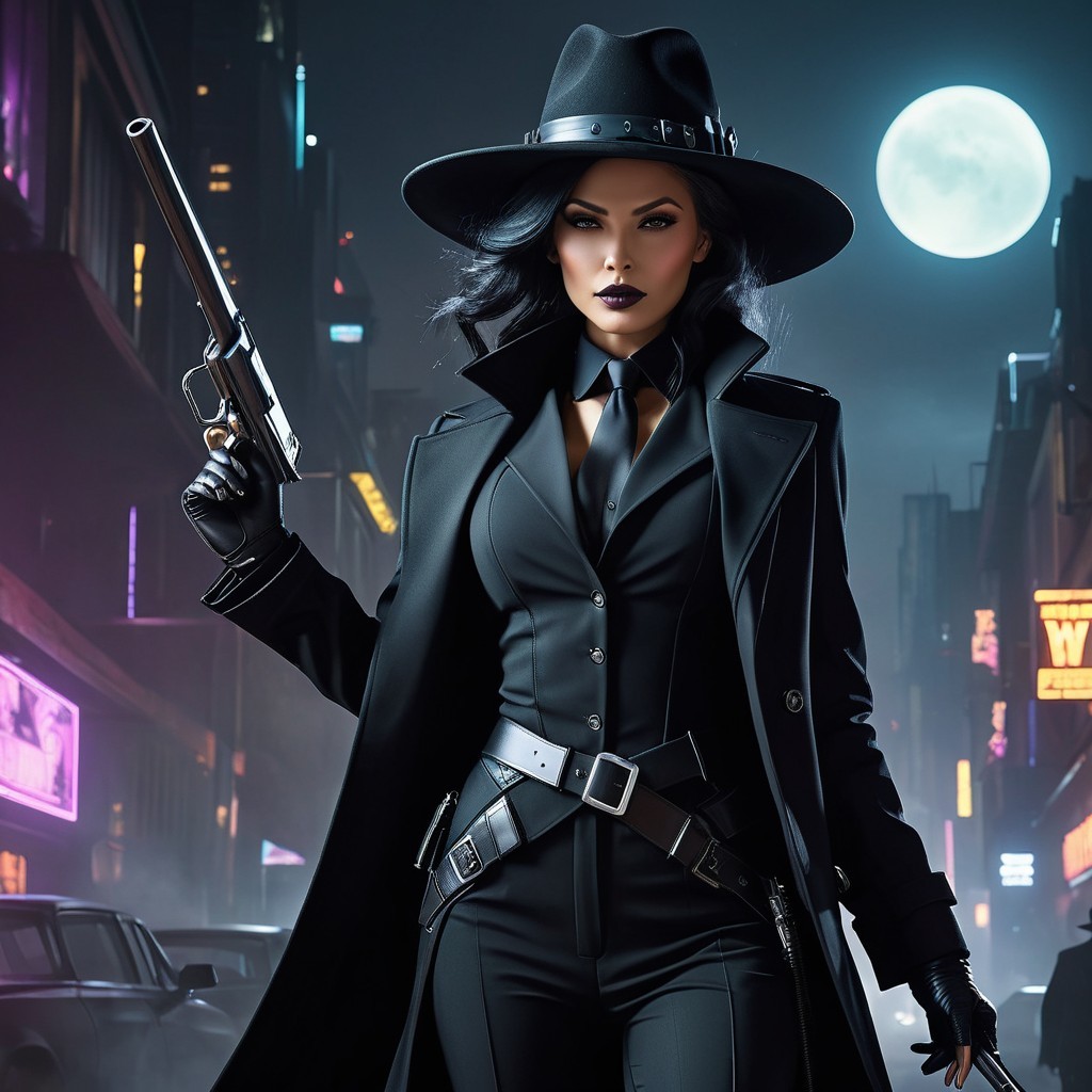Mysterious Woman in Neon Alley with Pistol