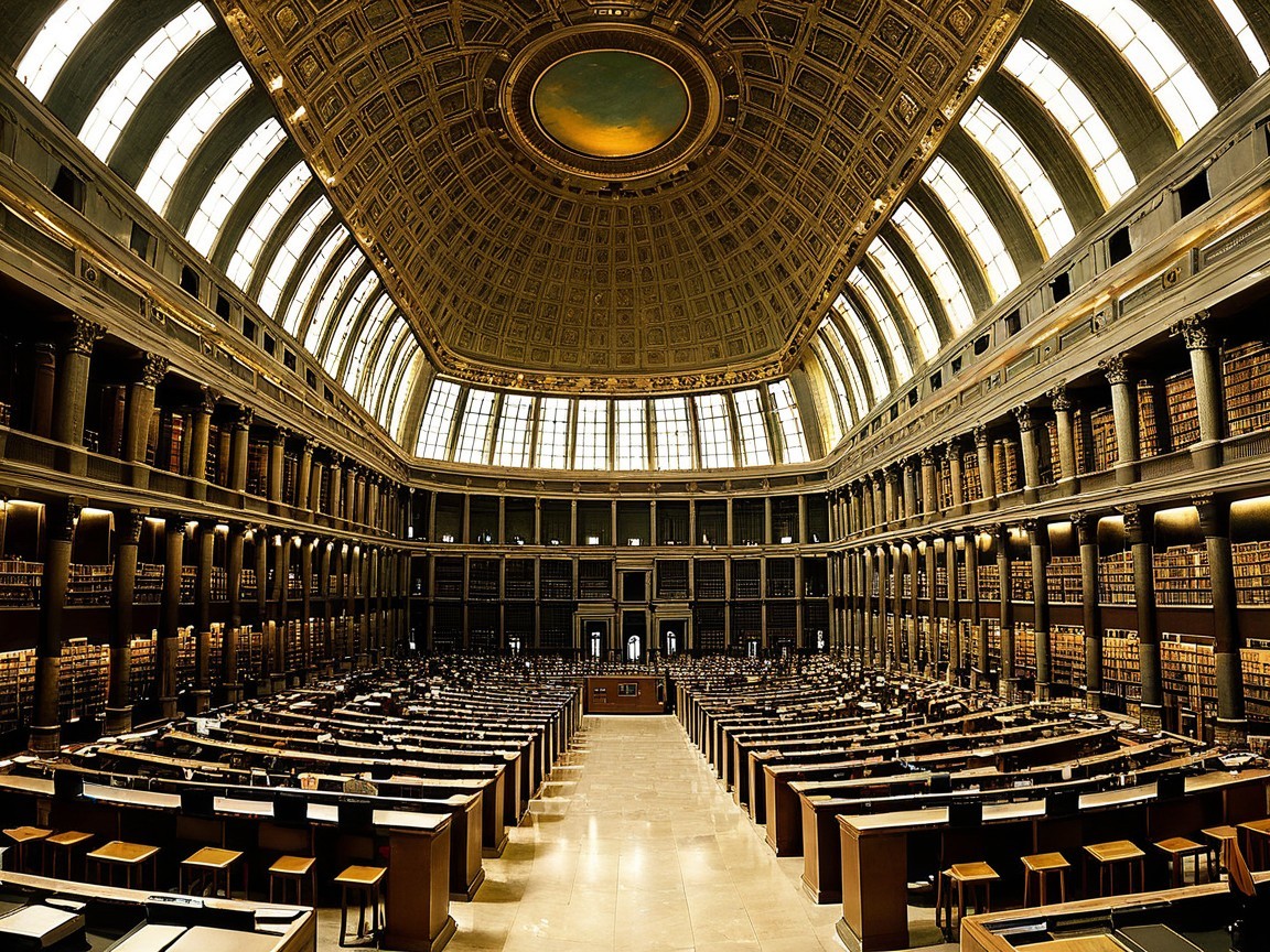 Expansive Library Interior with Domed Ceiling and Shelves