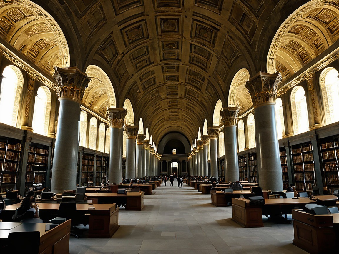 Grand Library Interior with Arched Ceilings and Bookshelves