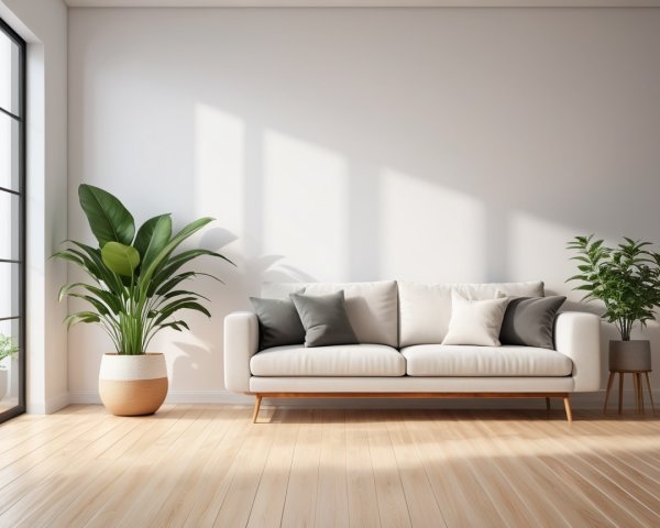 Bright Living Space with Beige Sofa and Greenery