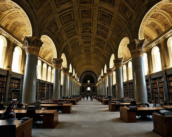 Grand Library Interior with Arched Ceilings and Bookshelves