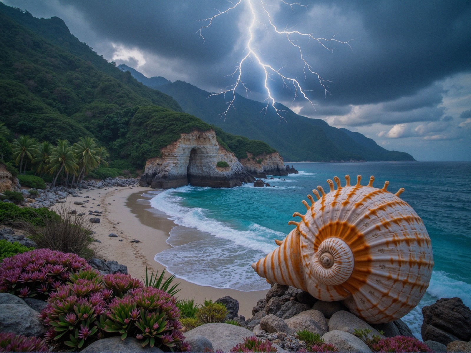 Dramatic Coastal Scene with Seashell and Stormy Skies