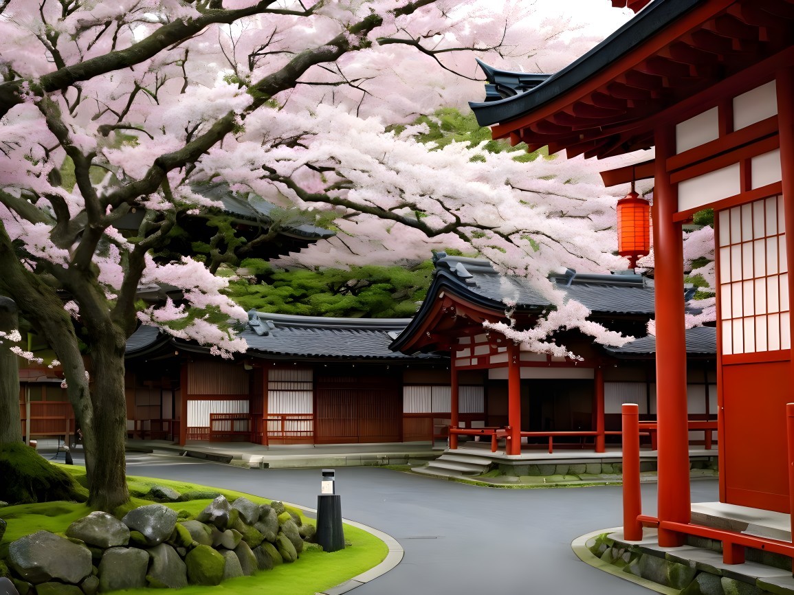 Serene Japanese Garden with Cherry Blossoms and Lanterns