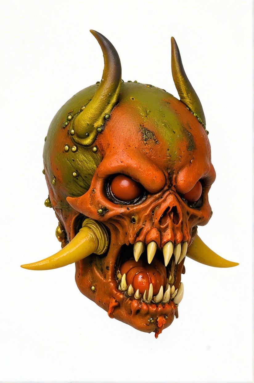 Stylized Skull with Horns in Orange and Green Hues