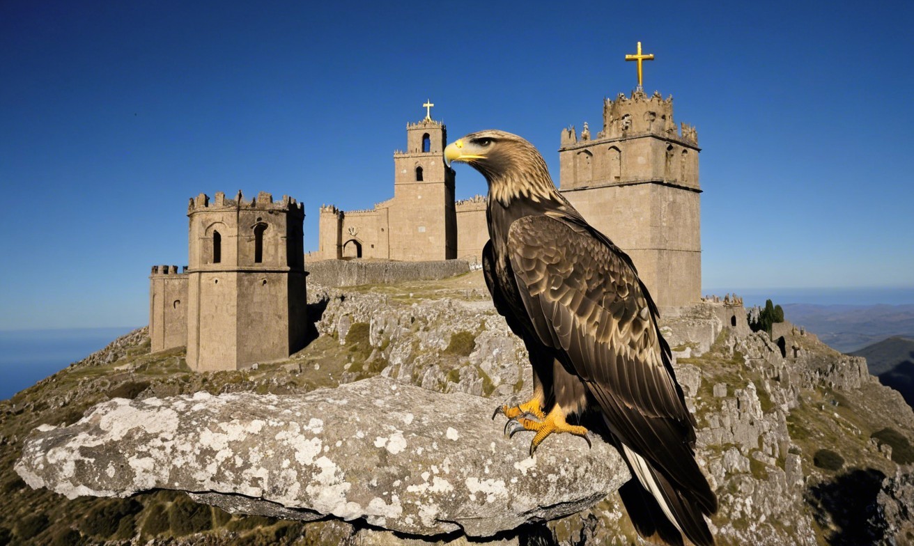 Eagle Overlooking Fortress and Rugged Landscape