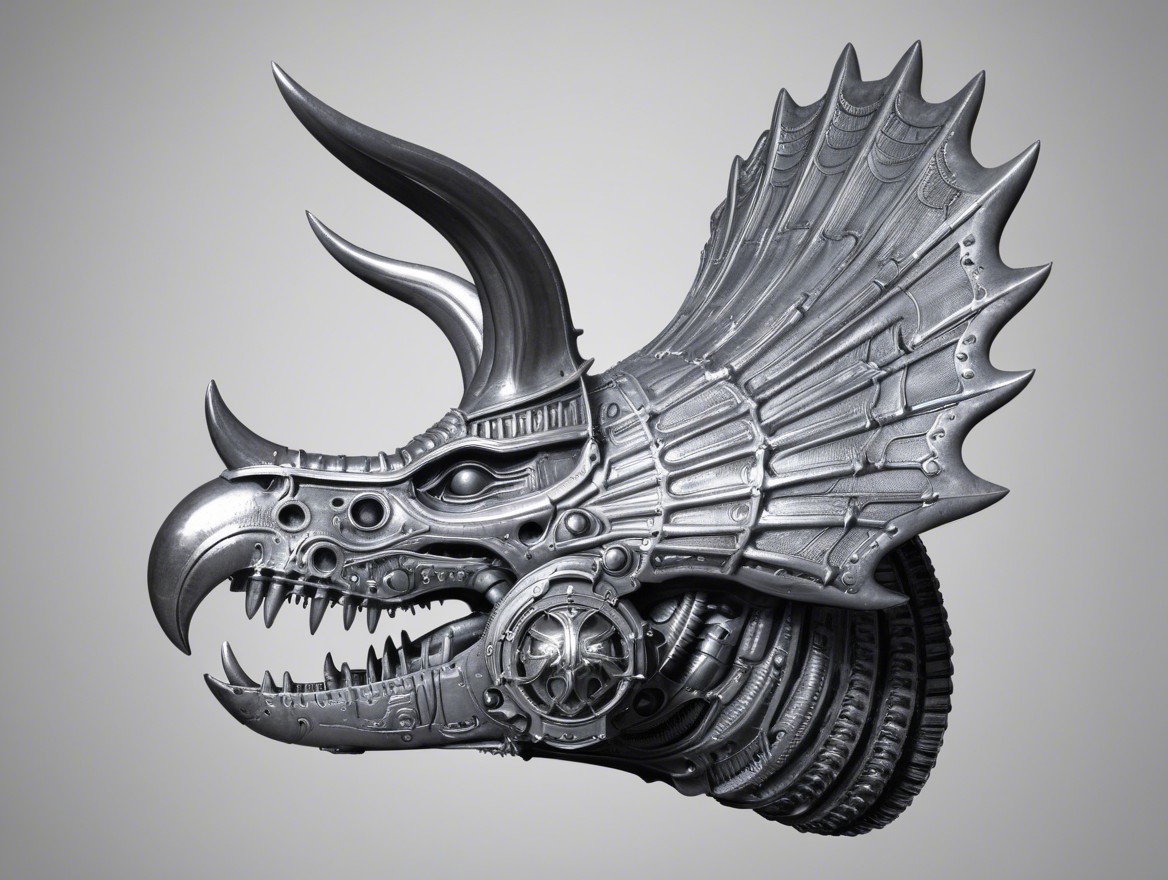 Futuristic Metallic Silver Dragon Head Sculpture Details