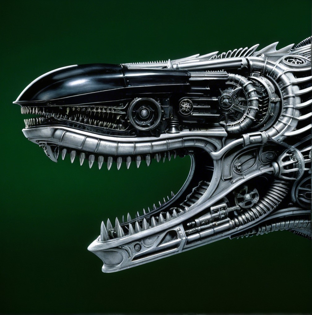 Metallic Dinosaur Head with Mechanical Features