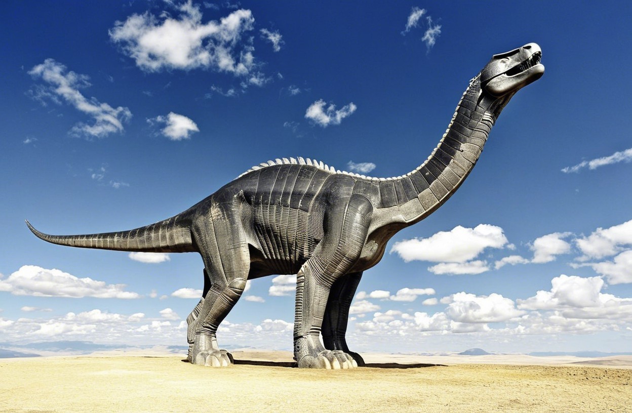 Robotic Dinosaur in Desert Landscape Under Blue Sky