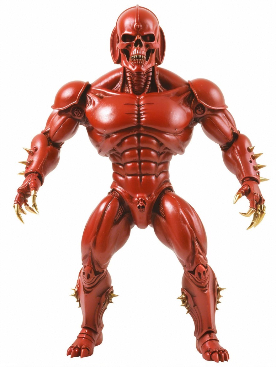 Muscular Red-Skinned Action Figure with Skull Face