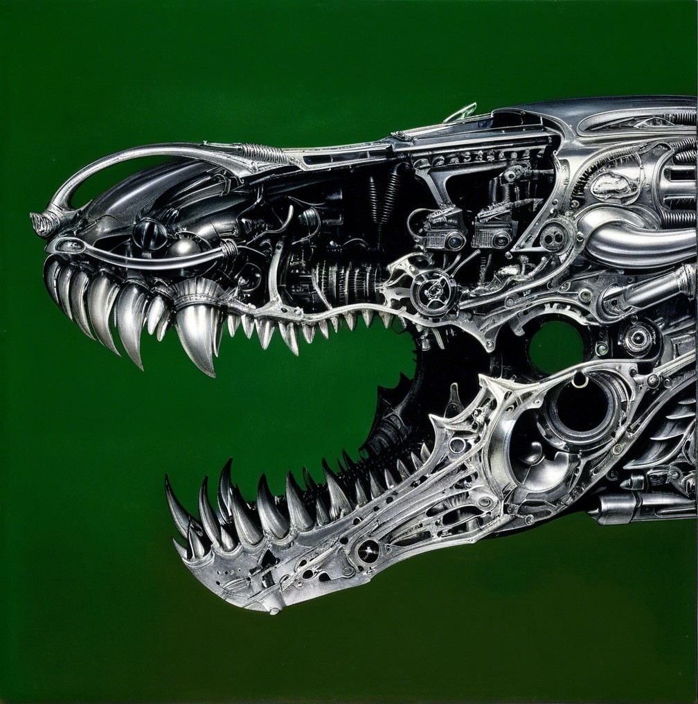 Robotic Dinosaur Head with Metallic Features and Design