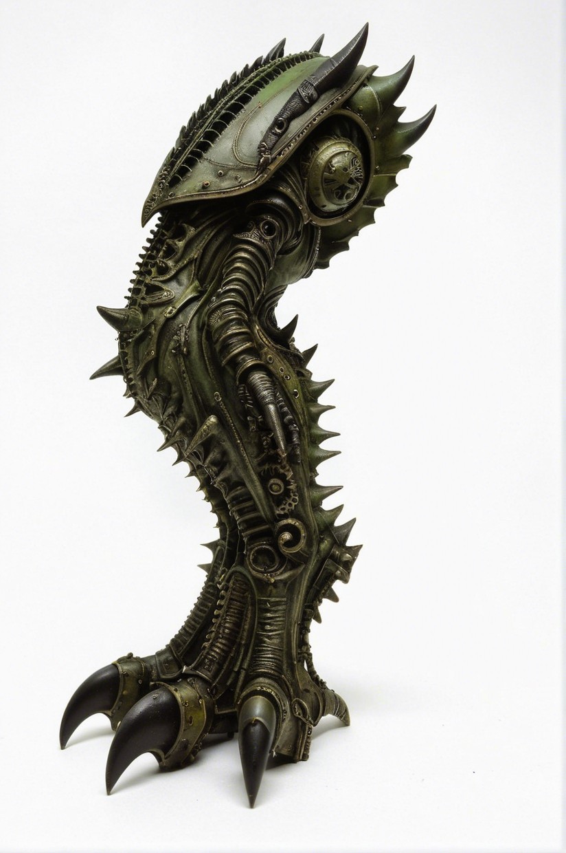 Futuristic sculpture combining organic and mechanical elements