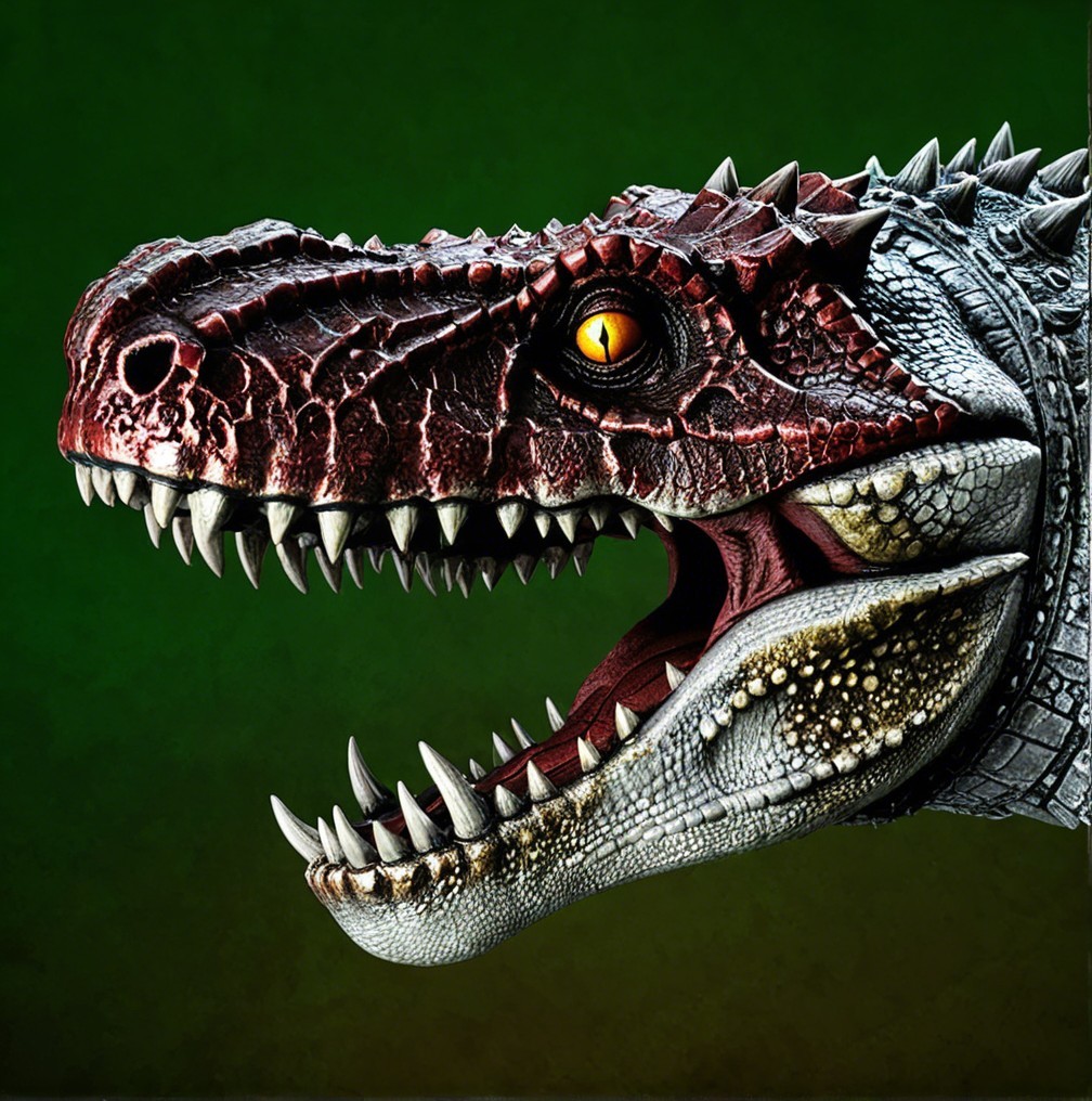 Close-up of a dinosaur's head with vibrant colors