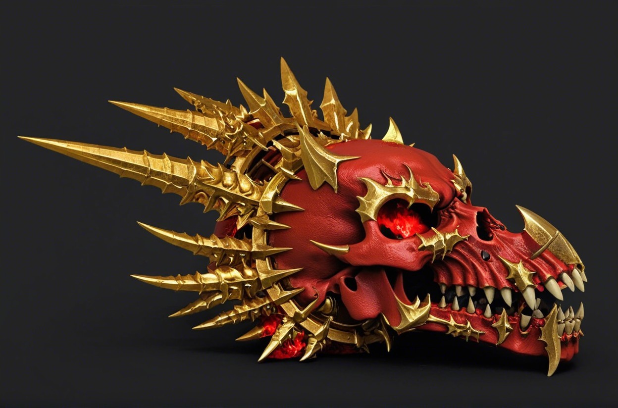 Ornate skull design with red base and golden spikes