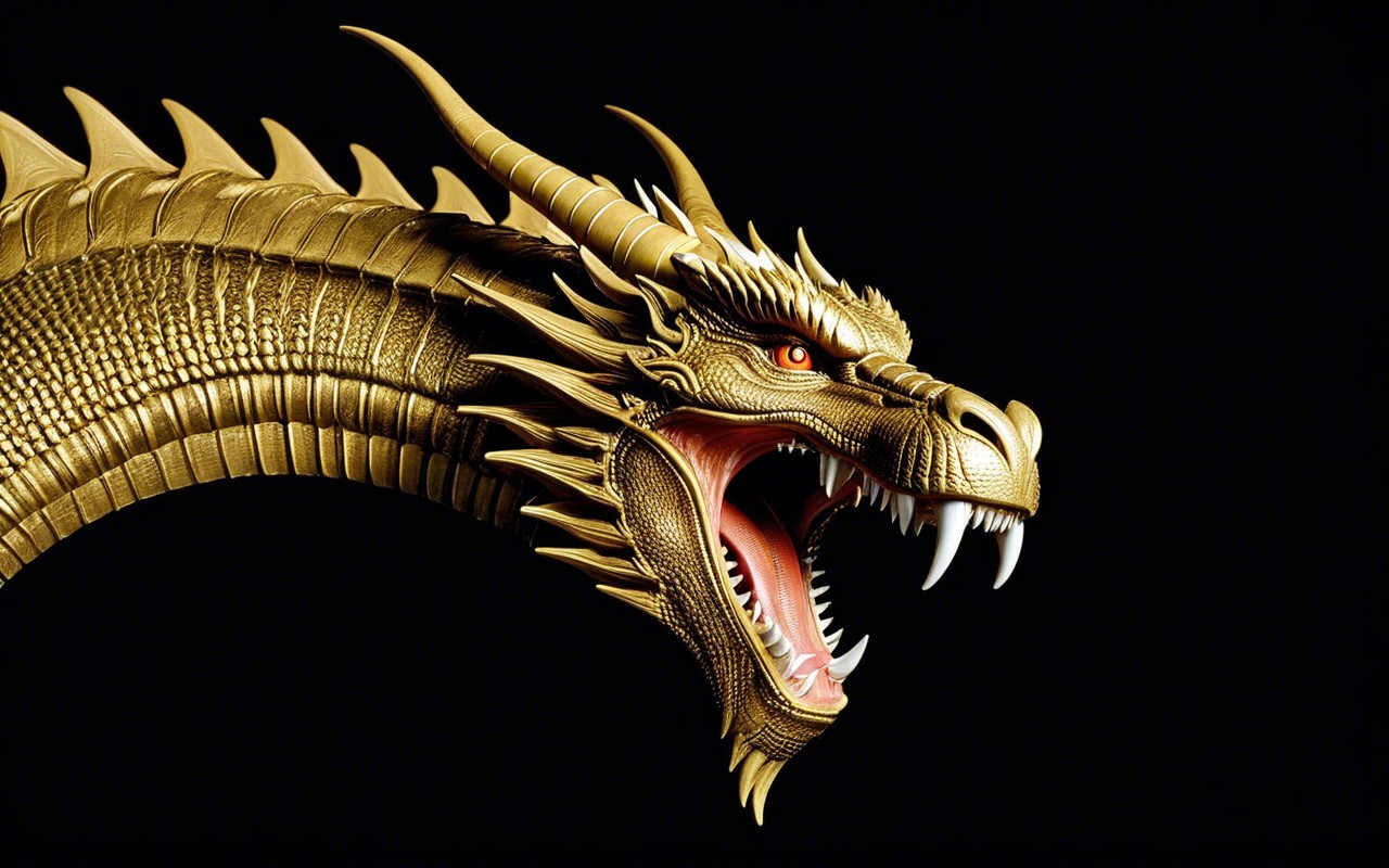 Golden Dragon with Detailed Scales on Black Background