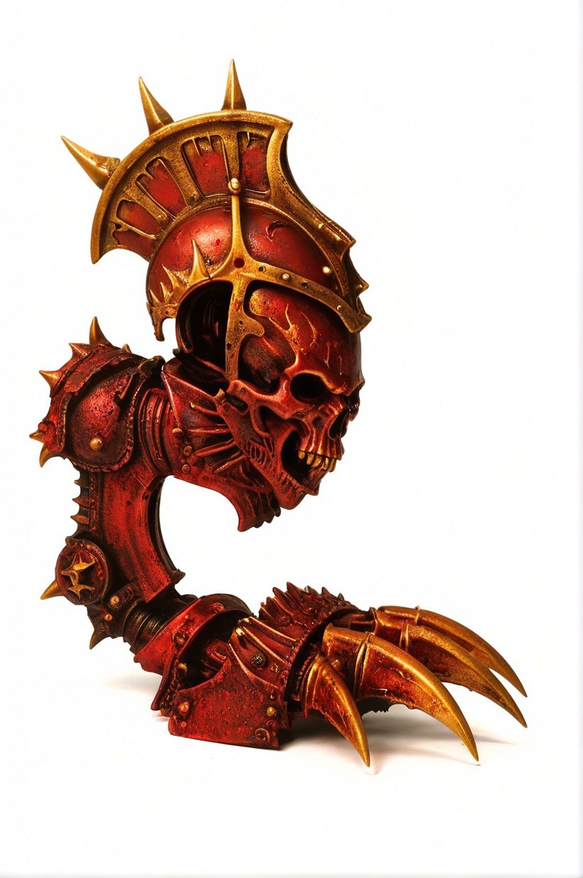 Ornate Skull Sculpture with Spiked Armor and Color Details