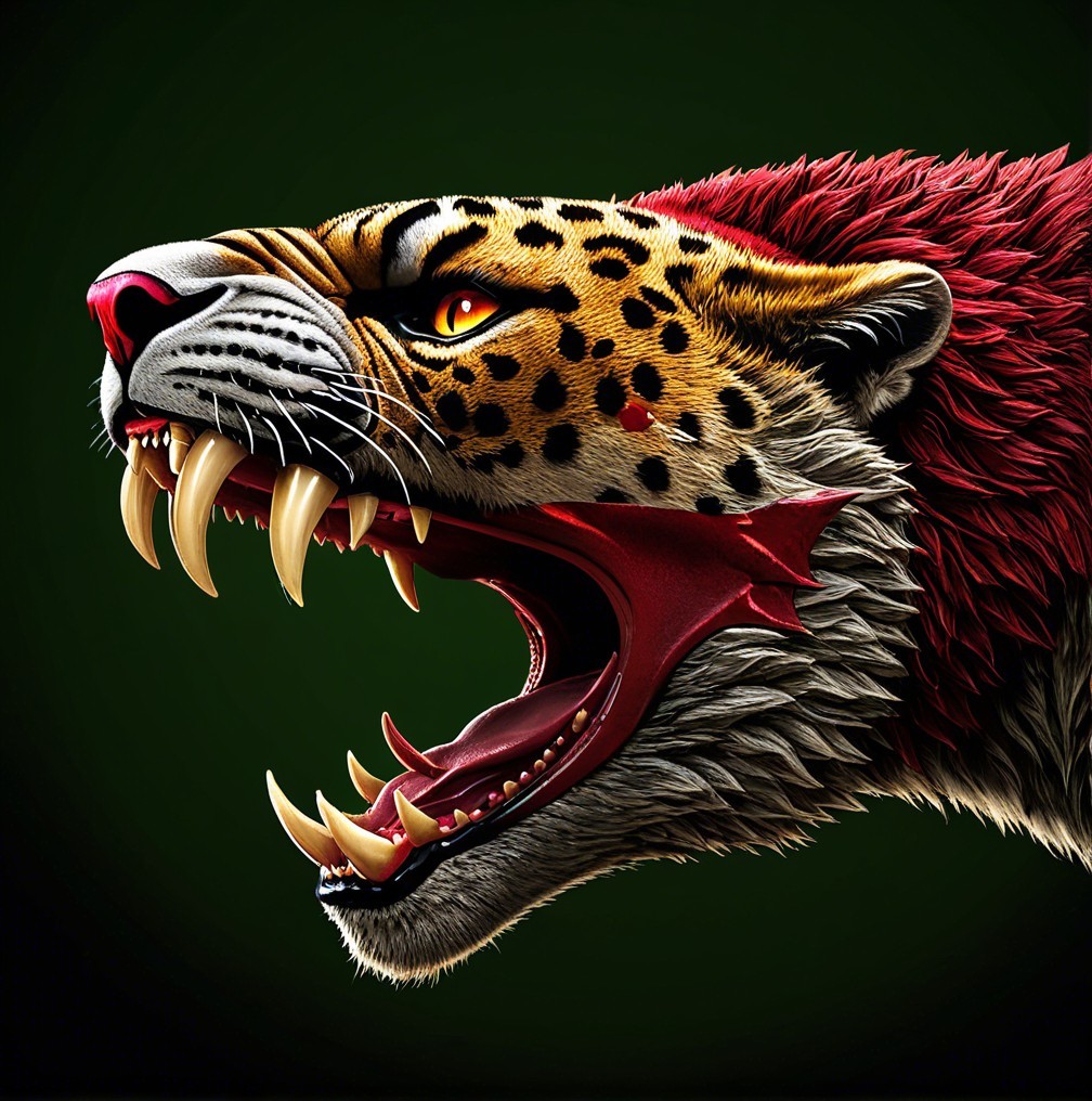 Stylized Leopard Head with Red Mane and Intense Expression