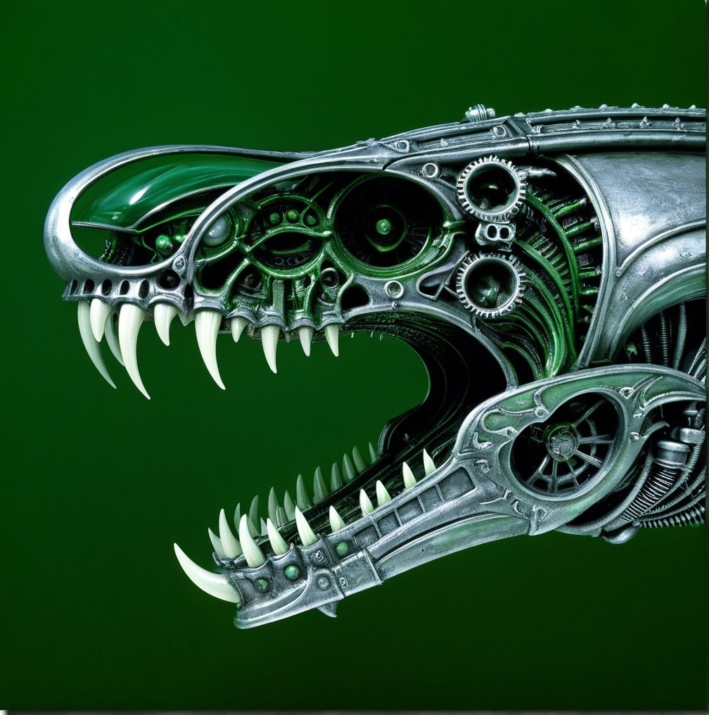 Mechanical Creature with Dinosaur Features in Green