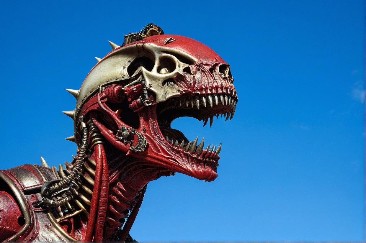 Robotic Dinosaur Head with Metallic Components and Spikes