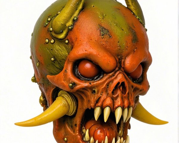 Stylized Skull with Horns in Orange and Green Hues