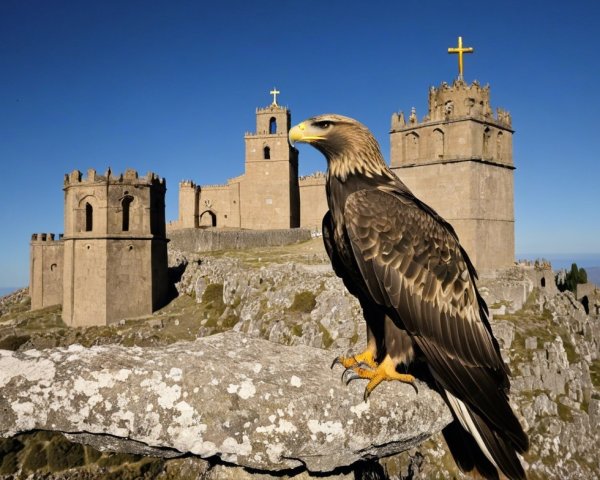 Eagle Overlooking Fortress and Rugged Landscape
