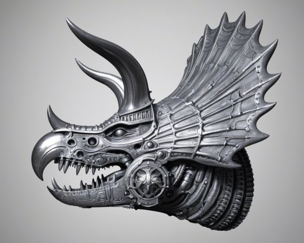 Futuristic Metallic Silver Dragon Head Sculpture Details