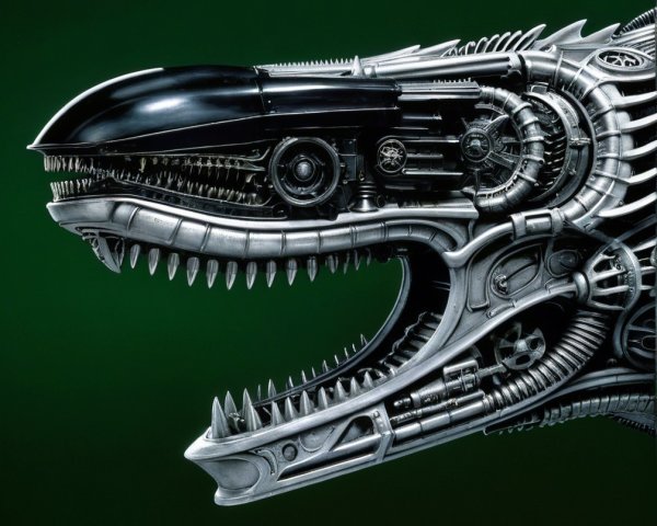 Metallic Dinosaur Head with Mechanical Features