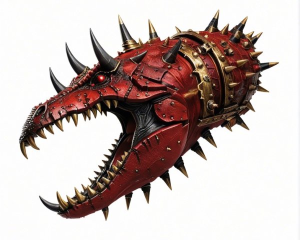 Stylized Dragon Skull Helmet with Spikes and Red Eye