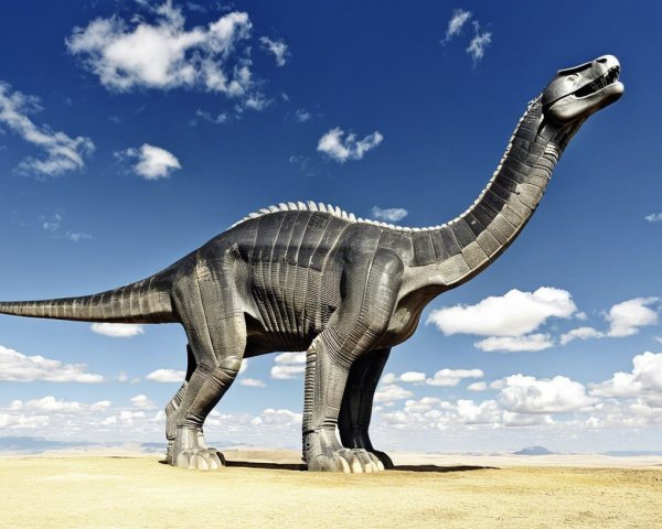Robotic Dinosaur in Desert Landscape Under Blue Sky