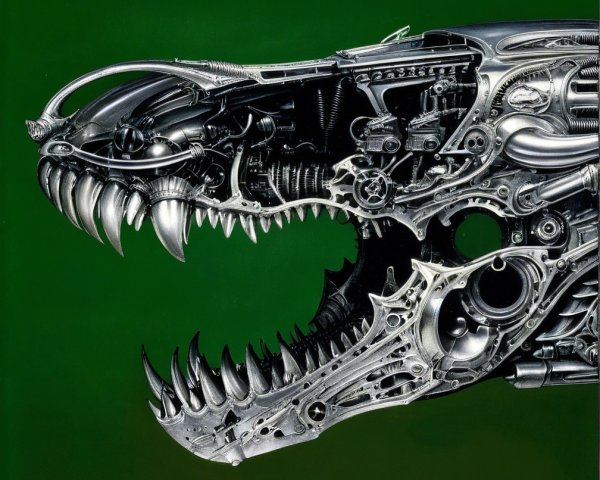 Robotic Dinosaur Head with Metallic Features and Design